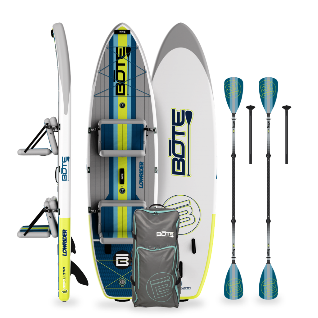 Front view of LowRider Aero Tandem board with seat backs, paddles, and backpack gear.