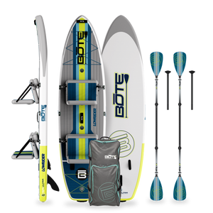 Front view of LowRider Aero Tandem board with seat backs, paddles, and backpack gear.