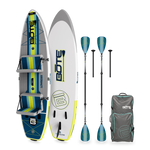 Angled view of LowRider Aero Tandem board with paddles, seats, and gear backpack.