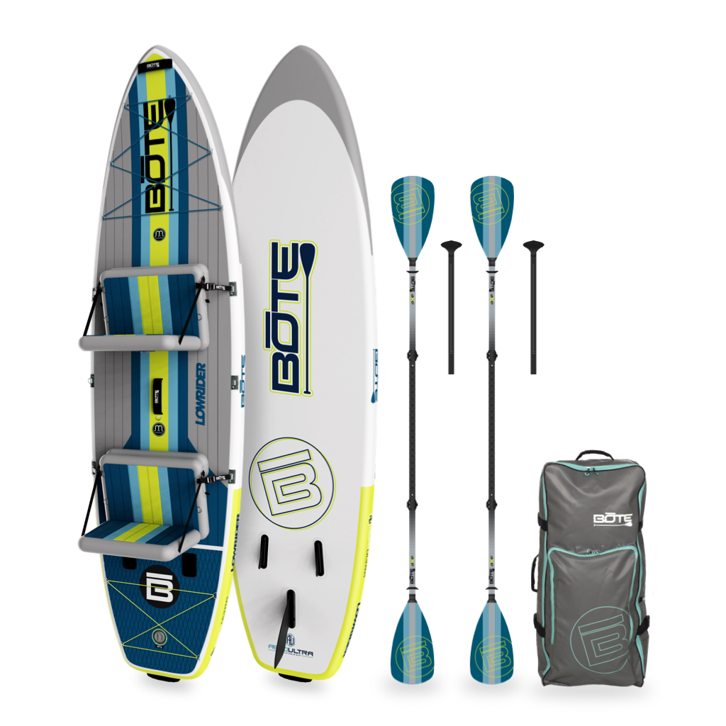 Angled view of LowRider Aero Tandem board with paddles, seats, and gear backpack.