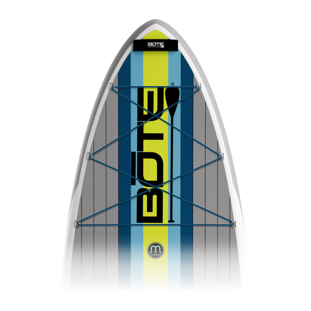 Top view of LowRider Aero Tandem board with striped deck and front bungee cords.