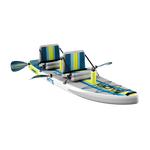 Angled front view of LowRider Aero Tandem board with two seats and mounted paddles.