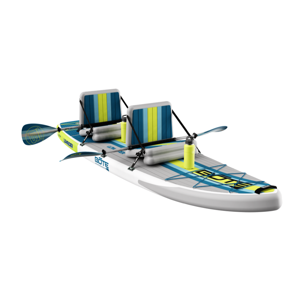 Angled front view of LowRider Aero Tandem board with two seats and mounted paddles.