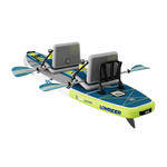 Rear angled view of LowRider Aero Tandem board with paddles, seats, and rear storage.