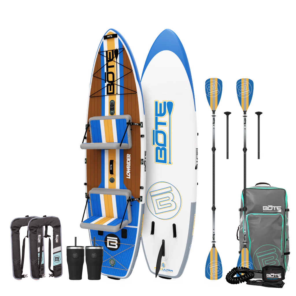 Top and base view of the LowRider Aero Tandem Package with two seats, paddles, PFDs, tumblers, and a bag.
