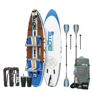 Top and base view of the LowRider Aero Tandem Package with two seats, paddles, PFDs, tumblers, and a bag.