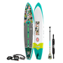 Top and bottom view of the Flood 12′ Native Tropics Paddle Board Essentials Package with accessories
