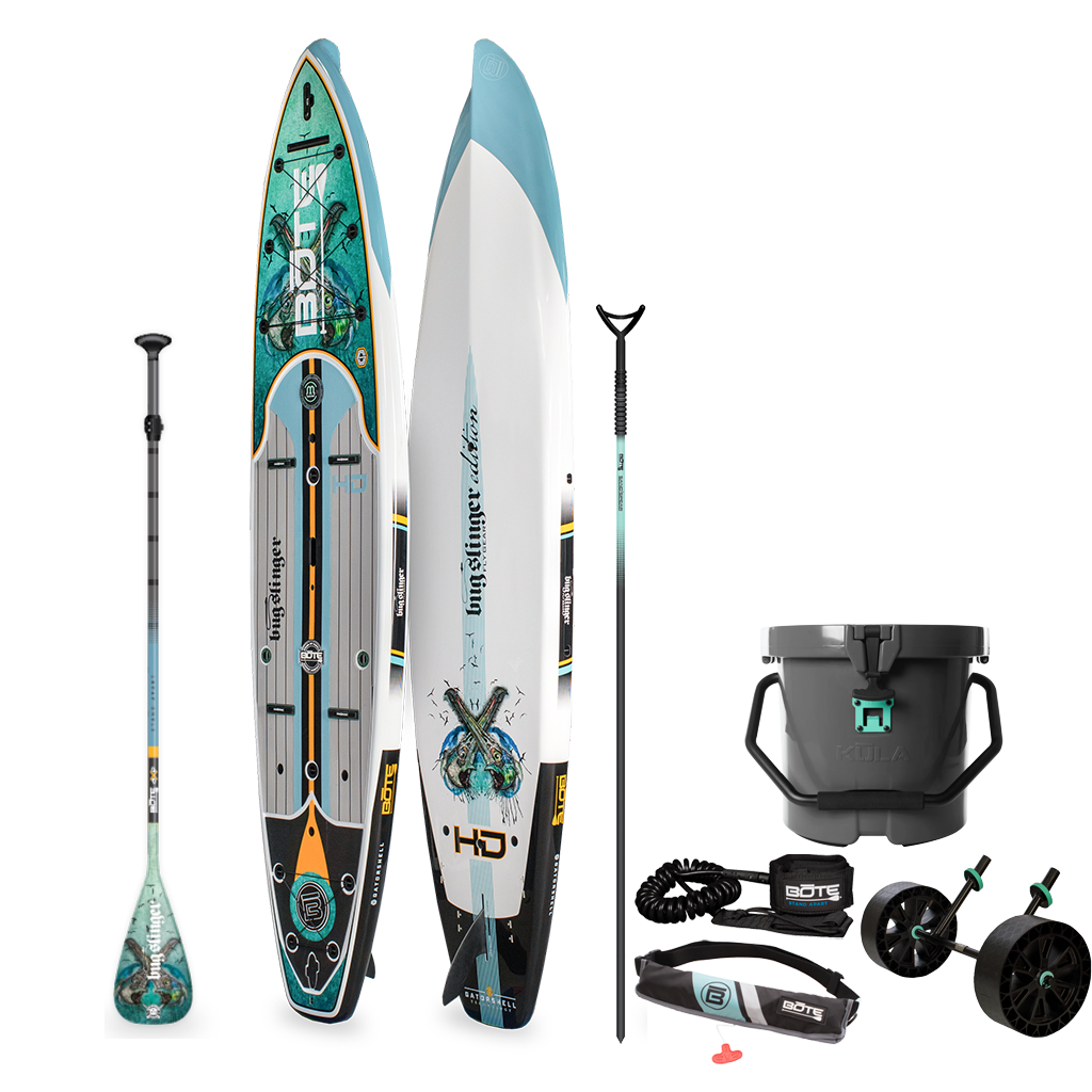 Top and bottom angled view of the HD 12′ Bug Slinger® Warbirds Paddle Board with paddle, sandspear, cooler, leash, pfd belt and wheel rac