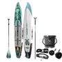 Top and bottom angled view of the HD 12′ Bug Slinger® Warbirds Paddle Board with paddle, sandspear, cooler, leash, pfd belt and wheel rac