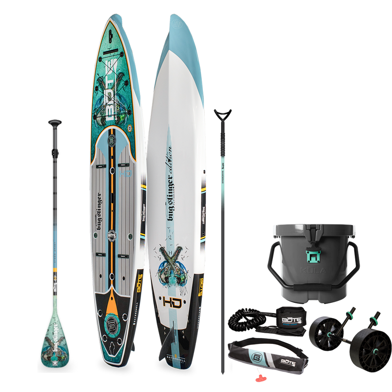 Top and bottom angled view of the HD 12′ Bug Slinger® Warbirds Paddle Board with paddle, sandspear, cooler, leash, pfd belt and wheel rac