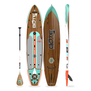 Top, side, and bottom view of the HD 12′ Classic Mangrove Paddle Board with paddle