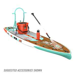 Front view of the HD 12′ Classic Mangrove Paddle Board with accessories