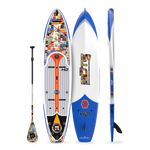 Top, bottom, and side view of the HD 12′ Fischer Topwater Paddle Board with paddle