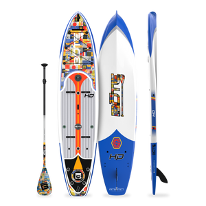 Top, bottom, and side view of the HD 12′ Fischer Topwater Paddle Board with paddle