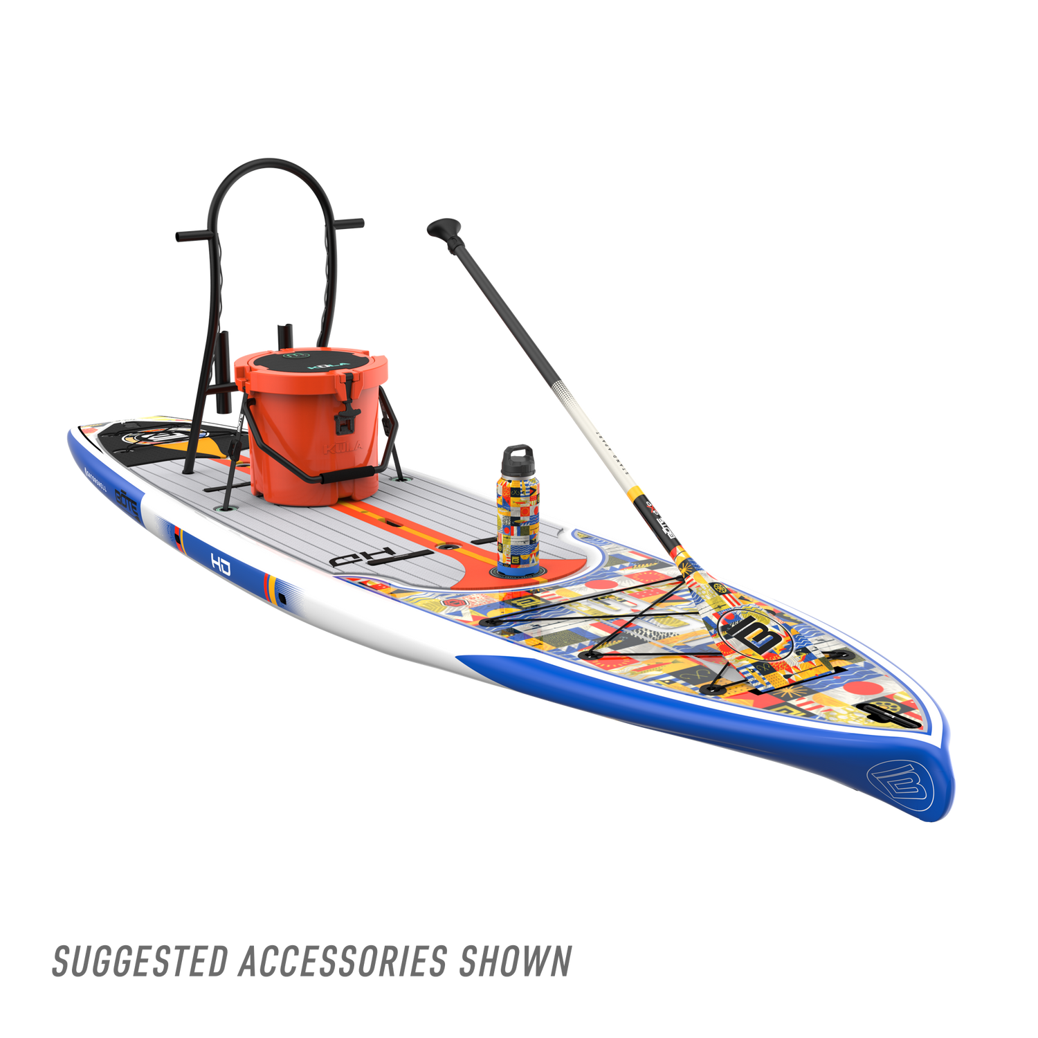 Front angled view of the HD 12′ Fischer Topwater Paddle Board with suggested accessories