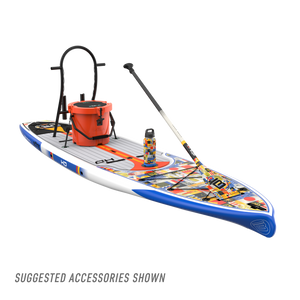 Front angled view of the HD 12′ Fischer Topwater Paddle Board with suggested accessories
