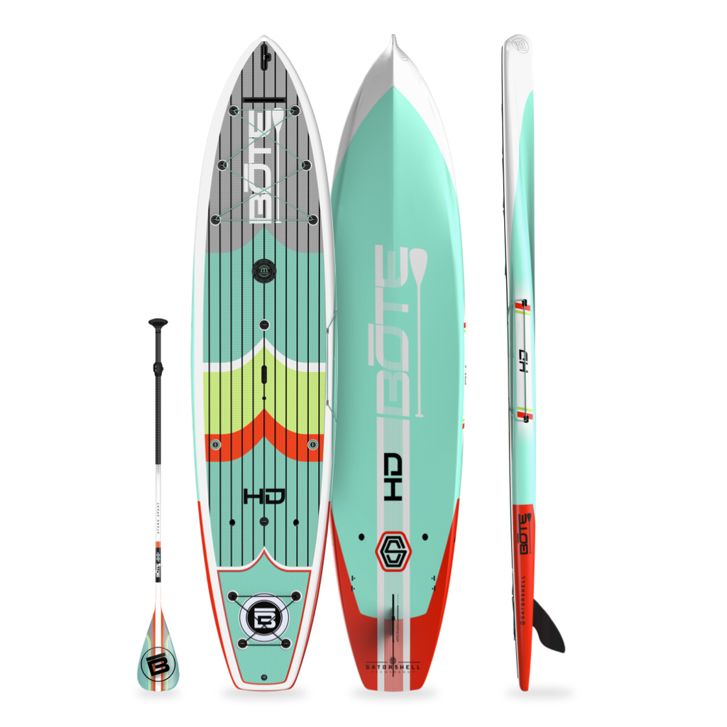 Front, back, and side views of HD 12' Full Trax Lime board with matching paddle.