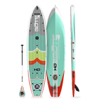 Front, back, and side views of HD 12' Full Trax Lime board with matching paddle.
