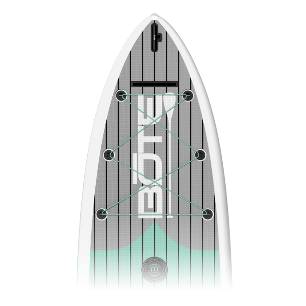 Top view of HD 12' Full Trax Lime board with grey and mint deck pad and black bungees.
