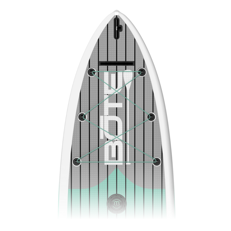 Top view of HD 12' Full Trax Lime board with grey and mint deck pad and black bungees.