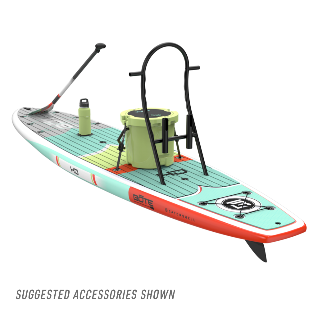 Angled rear view of HD 12' board with bucket, seat rack, paddle, and drink holder.