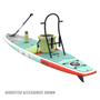 Angled rear view of HD 12' board with bucket, seat rack, paddle, and drink holder.