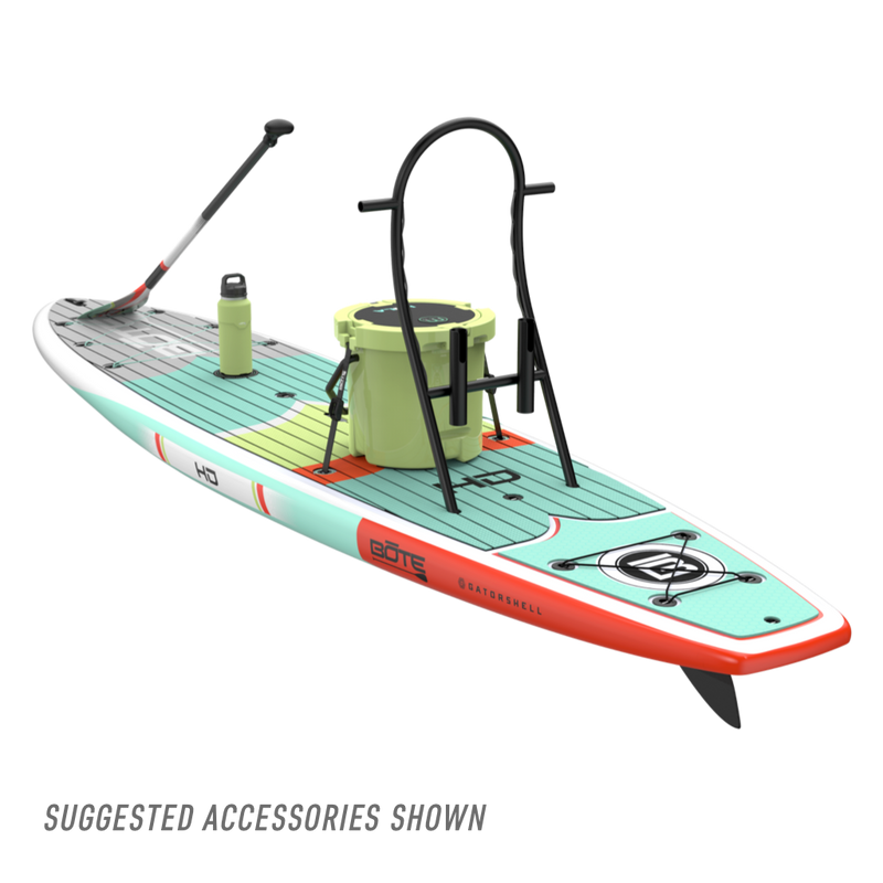 Angled rear view of HD 12' board with bucket, seat rack, paddle, and drink holder.