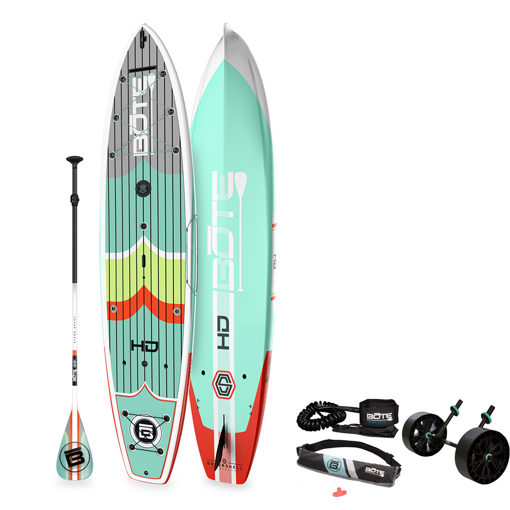 Top and bottom angled view of the HD 12' Full Trax Lime paddle board with paddle, leash, pfd belt and wheel rac