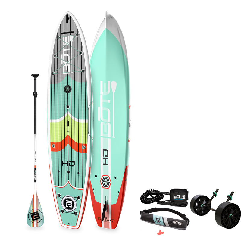 Top and bottom angled view of the HD 12' Full Trax Lime paddle board with paddle, leash, pfd belt and wheel rac