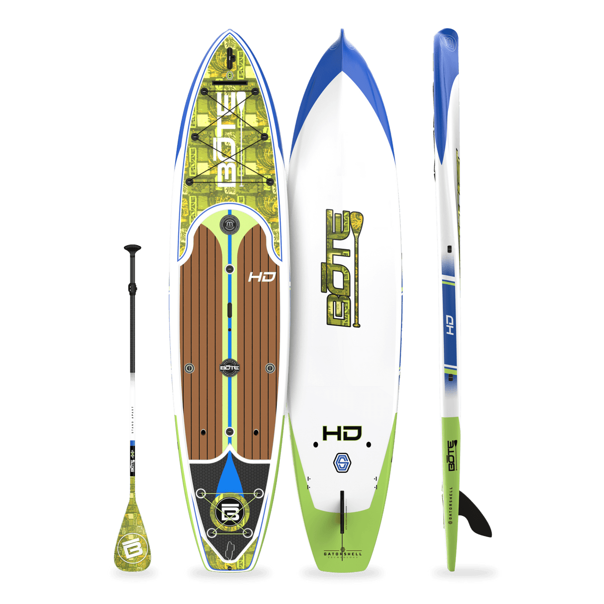 Top, side and bottom view of the HD 12′ Native Nalu Paddle Board with paddle