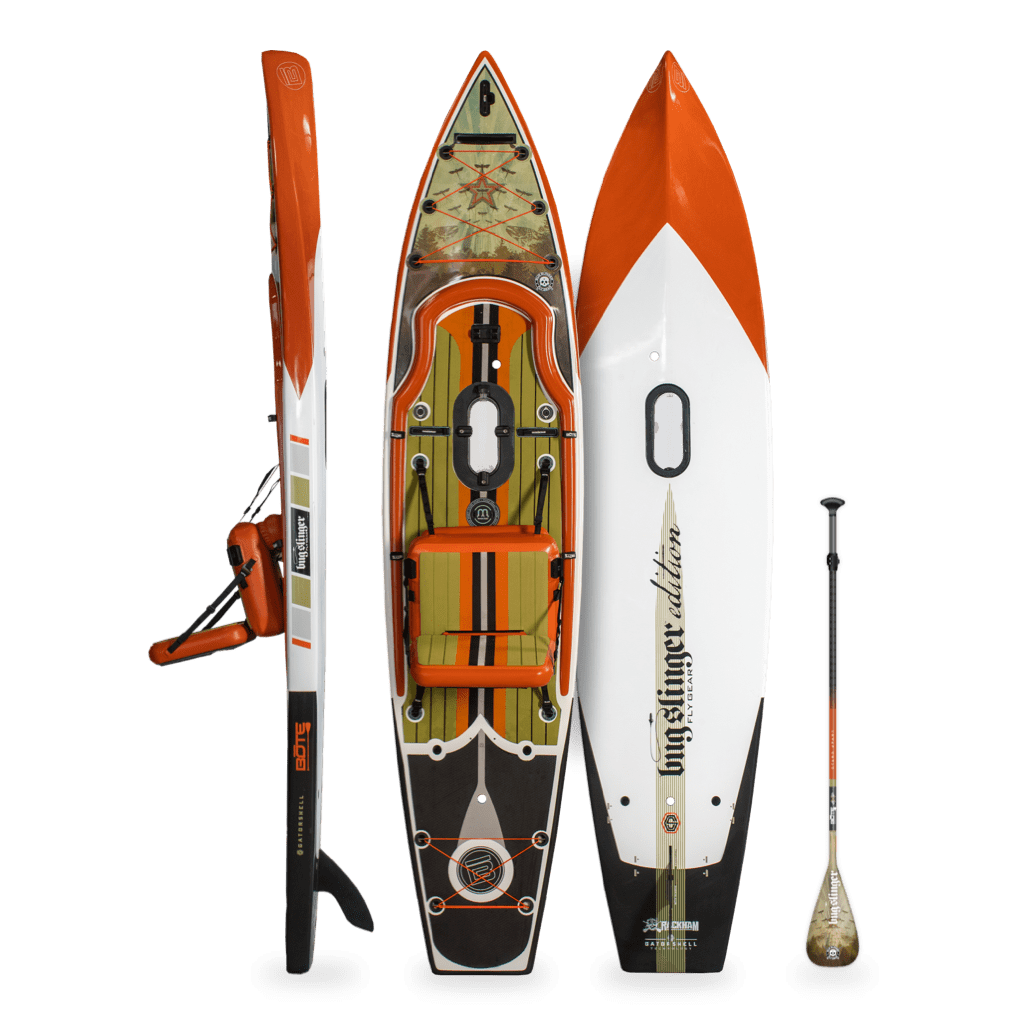 Top, side, and bottom view of the Rackham 12′ Bug Slinger® Backwater Paddle Board