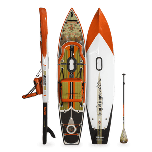 Top, side, and bottom view of the Rackham 12′ Bug Slinger® Backwater Paddle Board