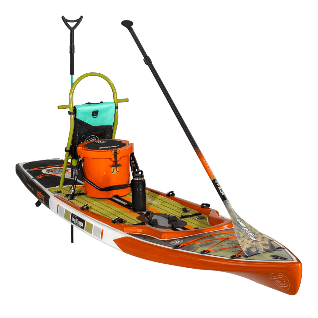 Angled view of Rackham 12' Bug Slinger board with paddle and mounted accessories.