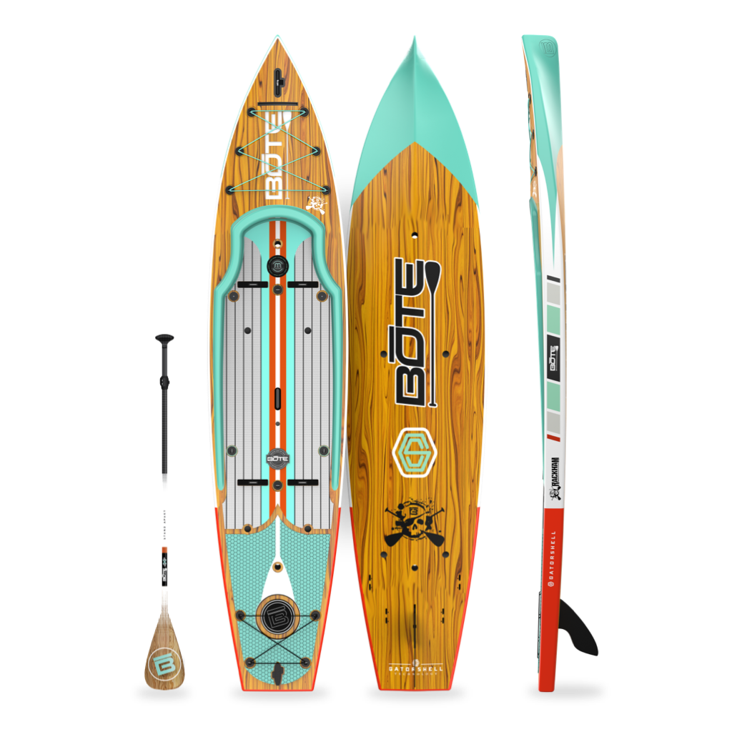 Top, side and bottom view of the Rackham 12′ Classic Mangrove Paddle Board with paddle