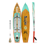 Top, side and bottom view of the Rackham 12′ Classic Mangrove Paddle Board with paddle