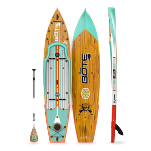 Top, side and bottom view of the Rackham 12′ Classic Mangrove Paddle Board with paddle