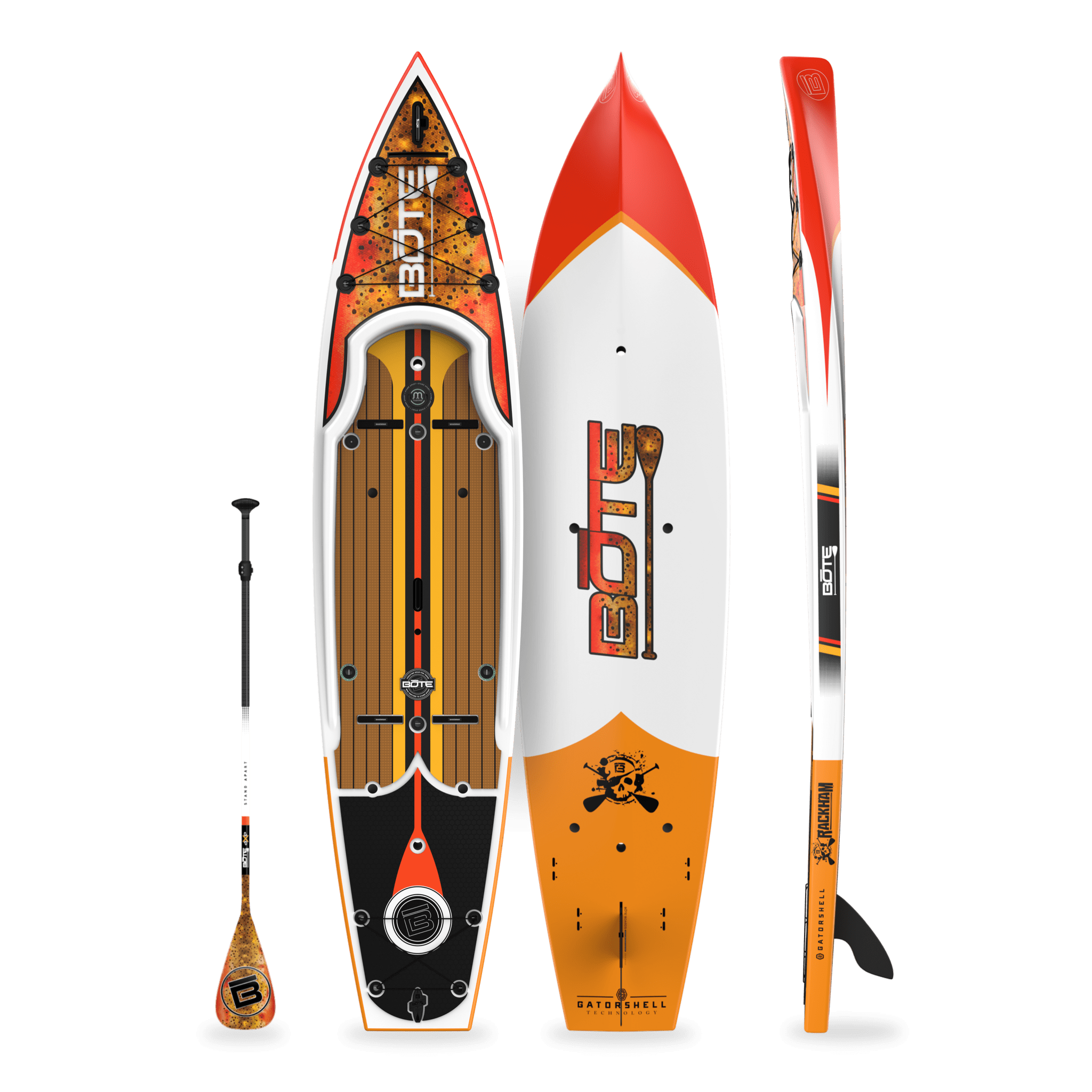 Top, side, and bottom view of the Rackham 12′ Fischer Cutthroat Paddle Board with paddle