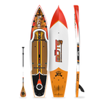 Top, side, and bottom view of the Rackham 12′ Fischer Cutthroat Paddle Board with paddle