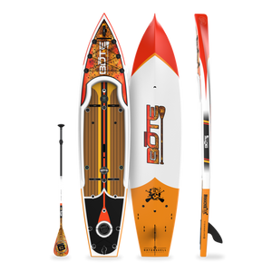 Top, side, and bottom view of the Rackham 12′ Fischer Cutthroat Paddle Board with paddle