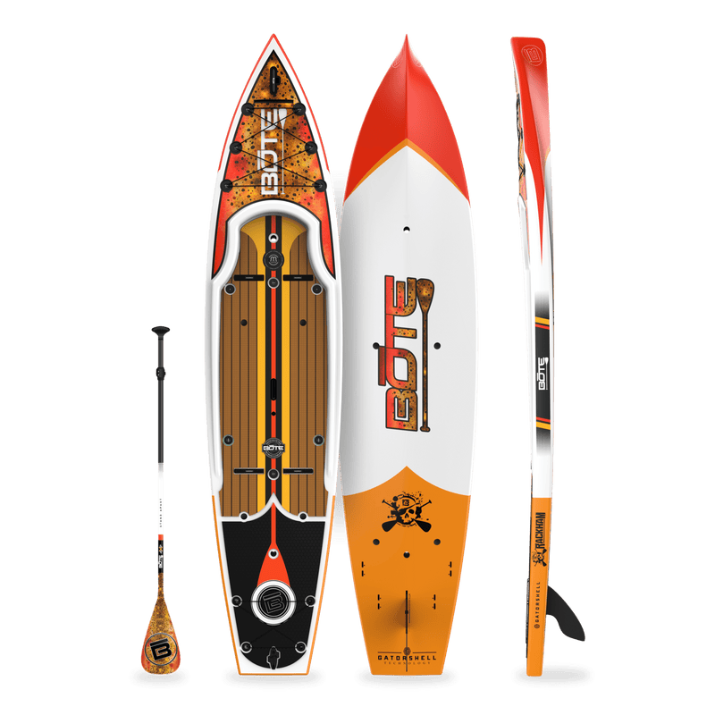 Top, side, and bottom view of the Rackham 12′ Fischer Cutthroat Paddle Board with paddle