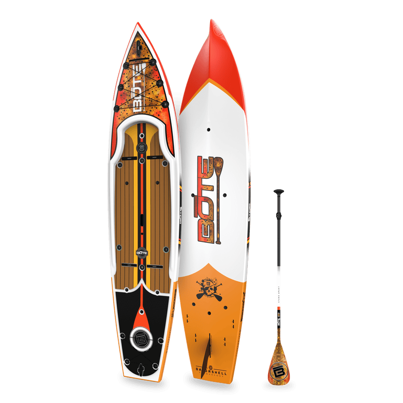 Top and bottom angled view of the Rackham 12′ Fischer Cutthroat Paddle Board