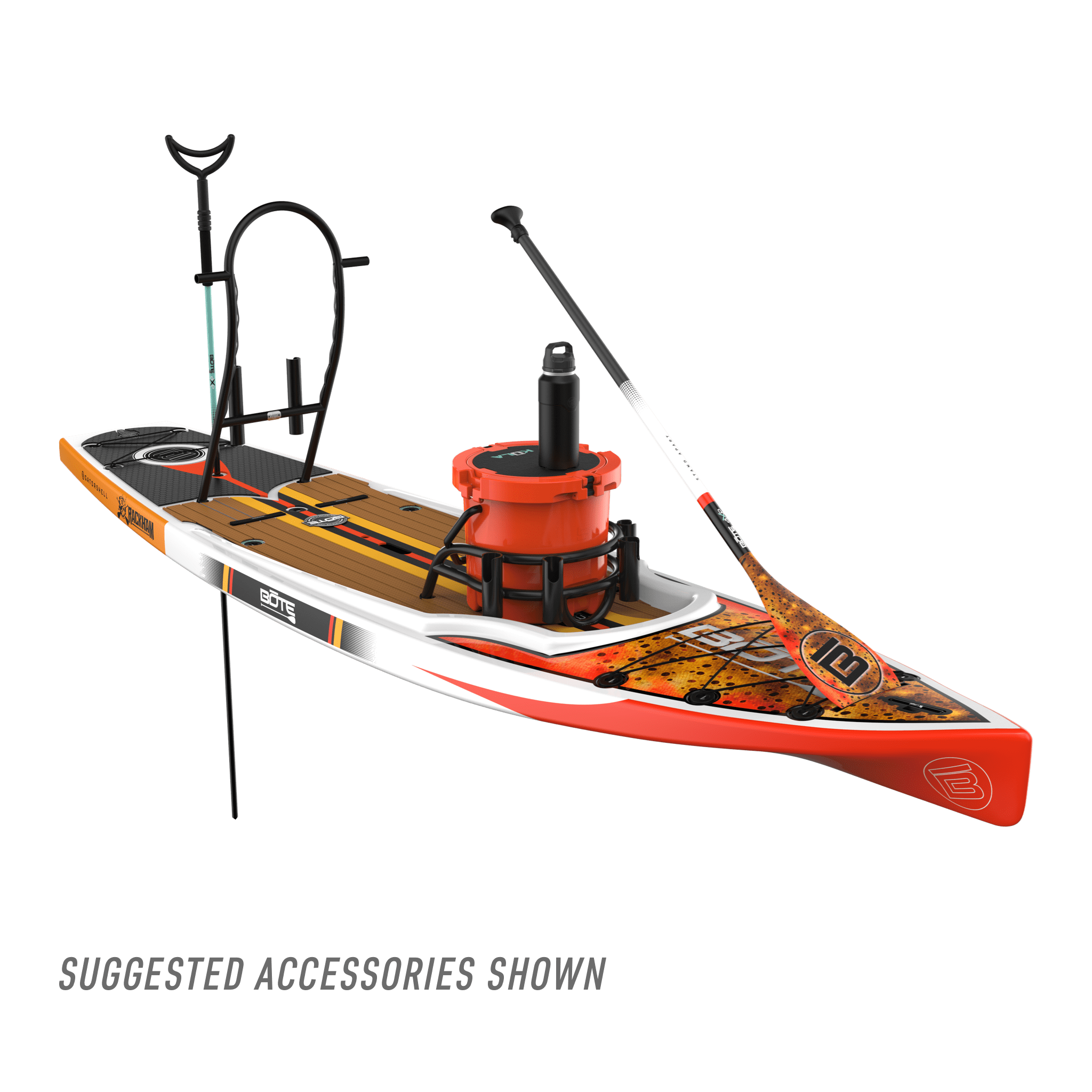 Front angled view of the Rackham 12′ Fischer Cutthroat Paddle Board with suggested accessories