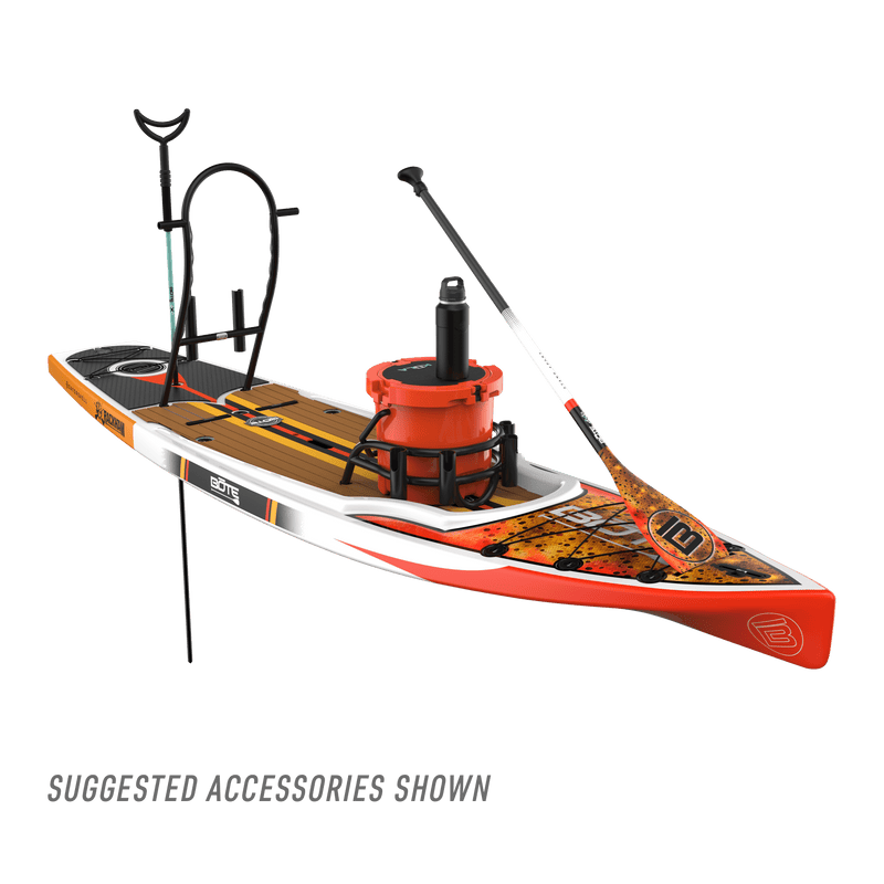 Front angled view of the Rackham 12′ Fischer Cutthroat Paddle Board with suggested accessories