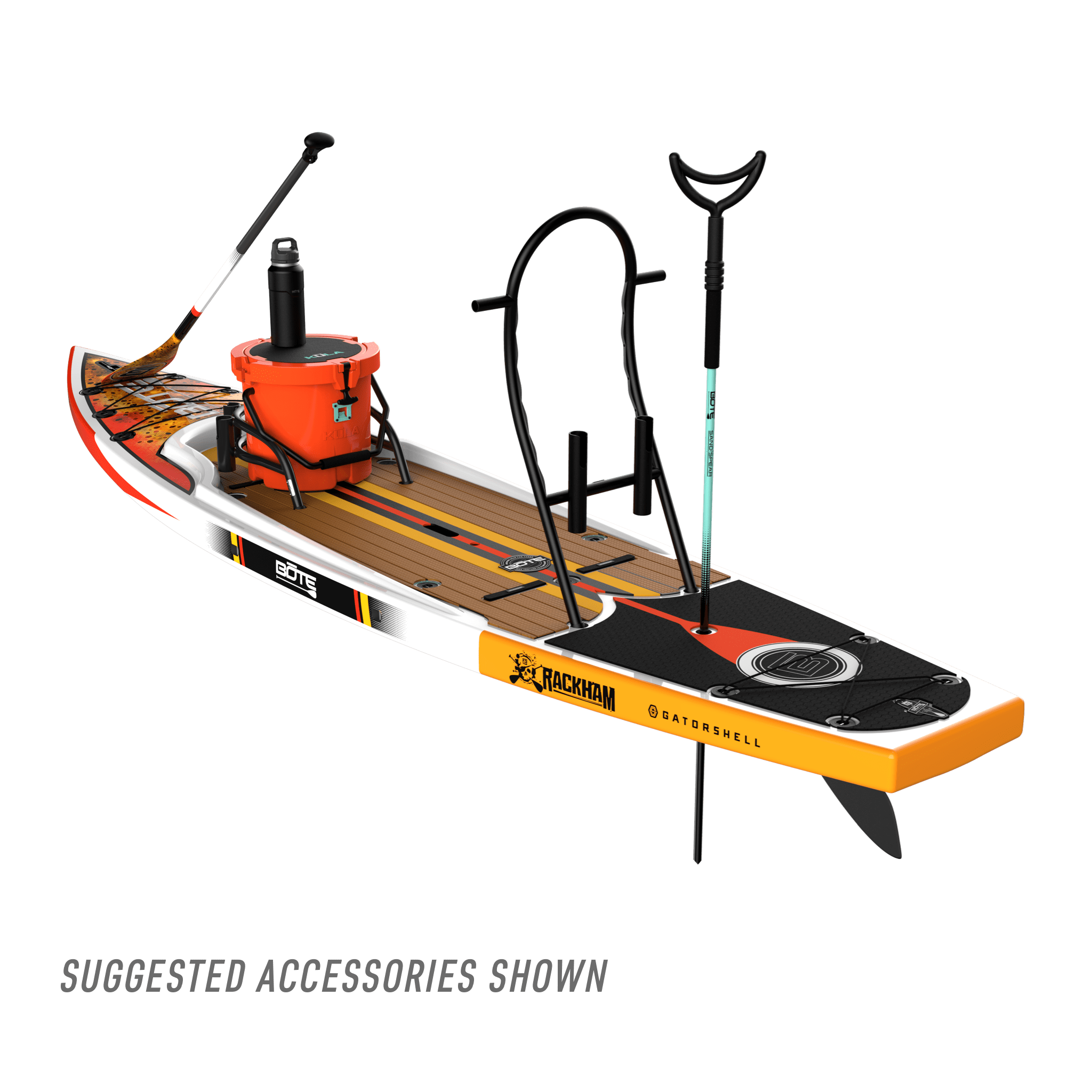 Rear angled view of the Rackham 12′ Fischer Cutthroat Paddle Board with suggested accessories