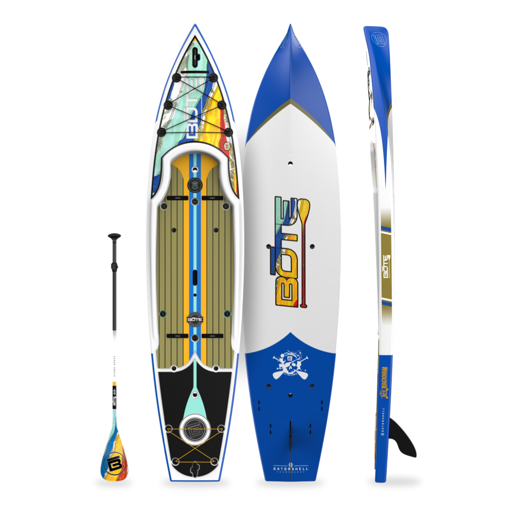 Top, side, and bottom view of the Rackham 12′ Native Fusion Paddle Board with paddle