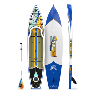 Top, side, and bottom view of the Rackham 12′ Native Fusion Paddle Board with paddle