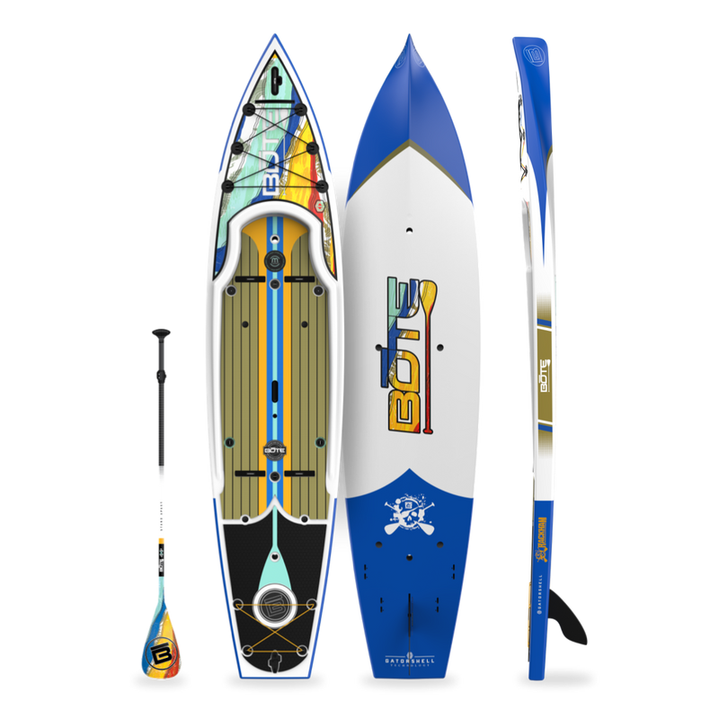 Top, side, and bottom view of the Rackham 12′ Native Fusion Paddle Board with paddle
