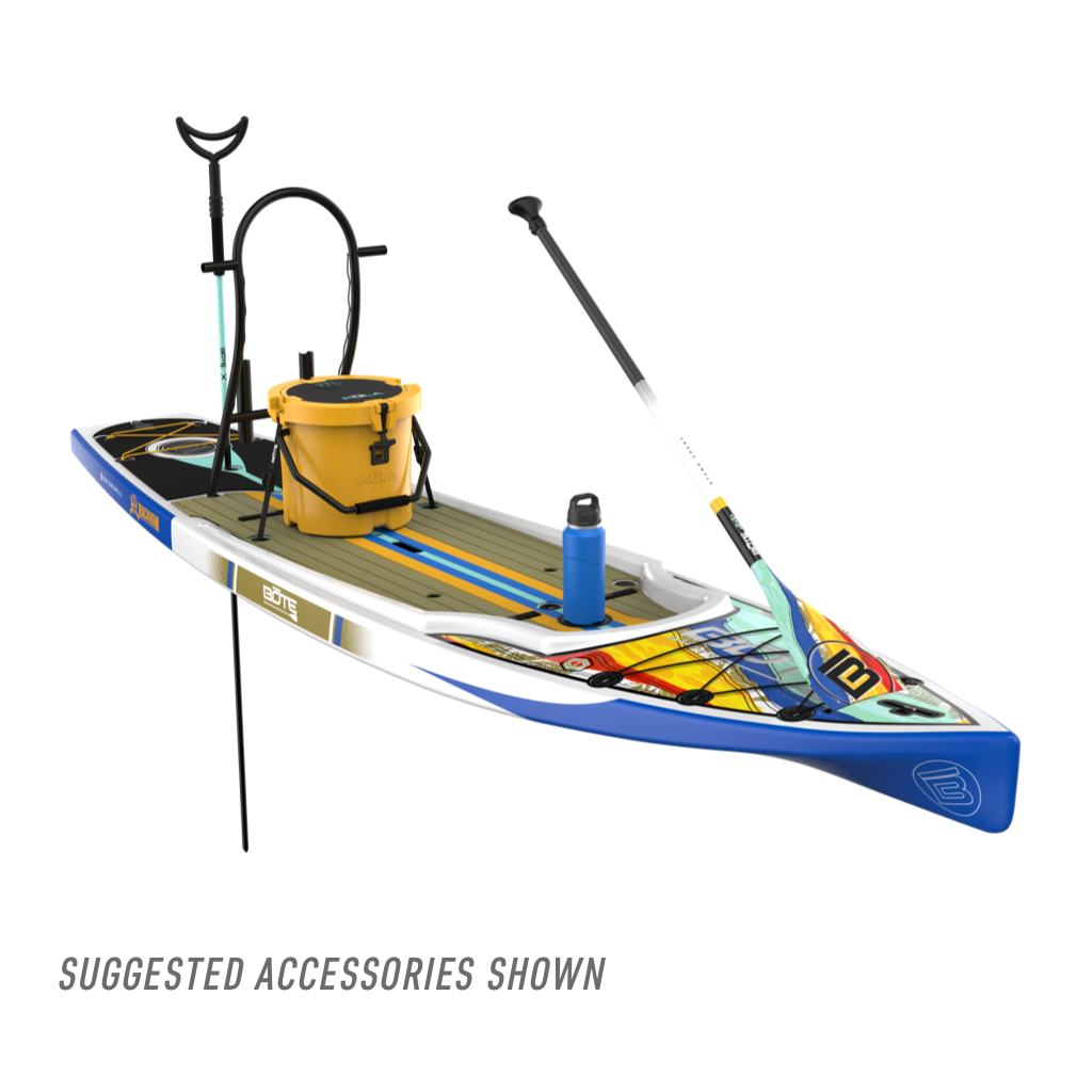 Front angled view of the Rackham 12′ Native Fusion Paddle Board with suggested accessories