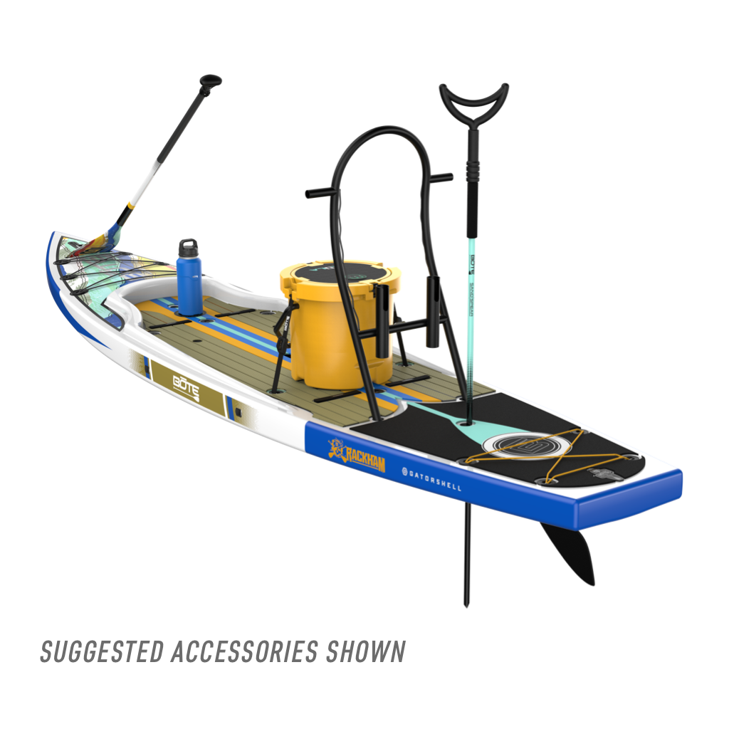 Rear angled view of the Rackham 12′ Native Fusion Paddle Board with suggested accessories