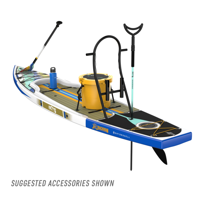 Rear angled view of the Rackham 12′ Native Fusion Paddle Board with suggested accessories